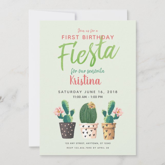 Fiesta First Birthday Cactus Invitation (Front)