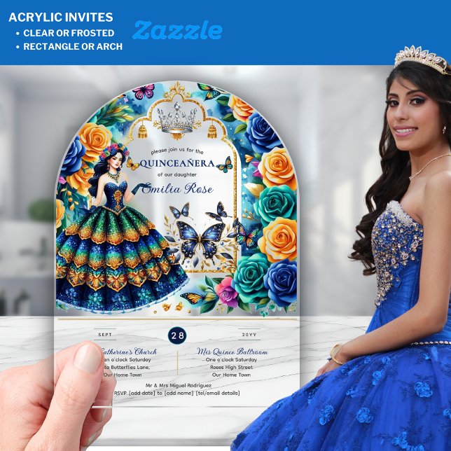 Fiesta Floral Butterflies QUINCEANERA Blue Gold Acrylic Invitations (Creator Uploaded)