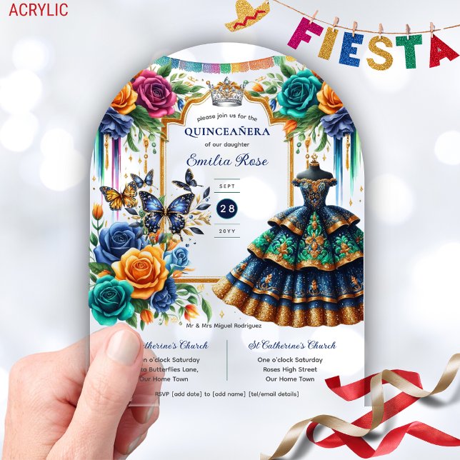 Fiesta Floral Butterflies QUINCEANERA Blue Gold Acrylic Invitations (Creator Uploaded)