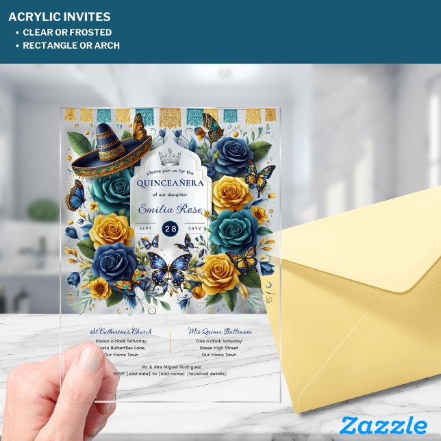 Fiesta Floral Butterflies QUINCEANERA Clear  Acrylic Invitations (Creator Uploaded)