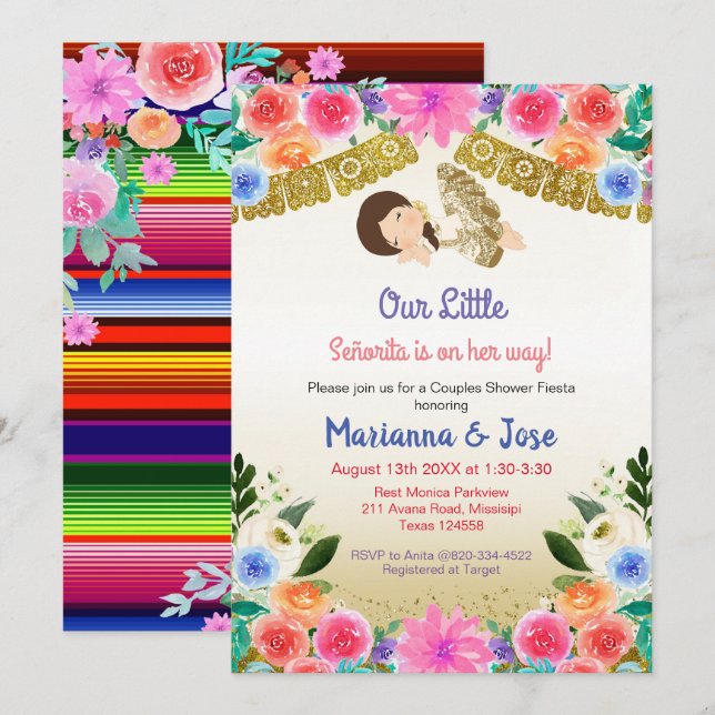 Fiesta Floral Girl Couple de douche Invitation (Devant / Derrière)