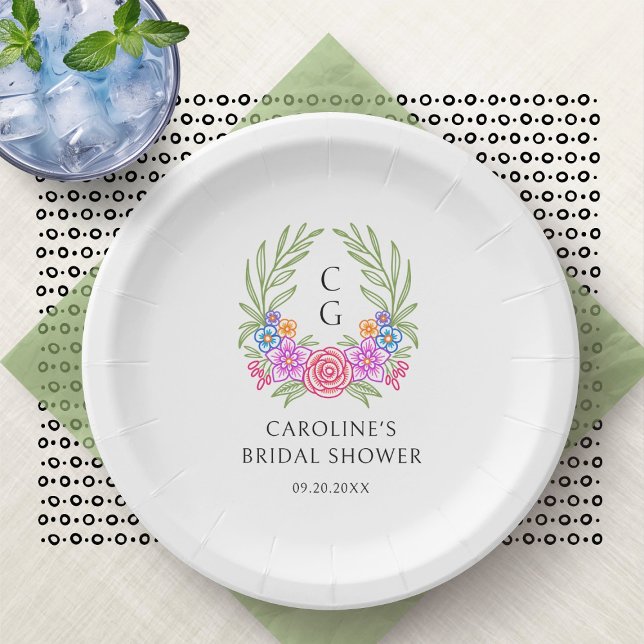 Fiesta Floral Monogram Crest Bridal Shower Paper Plate (Creator Uploaded)