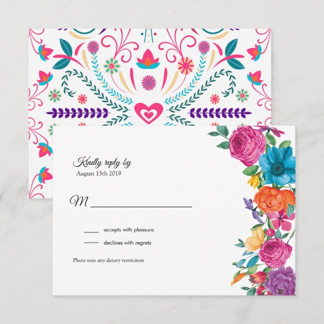 Fiesta Flowers & Broderie mexicaine Carte RSVP (Devant / Derrière)