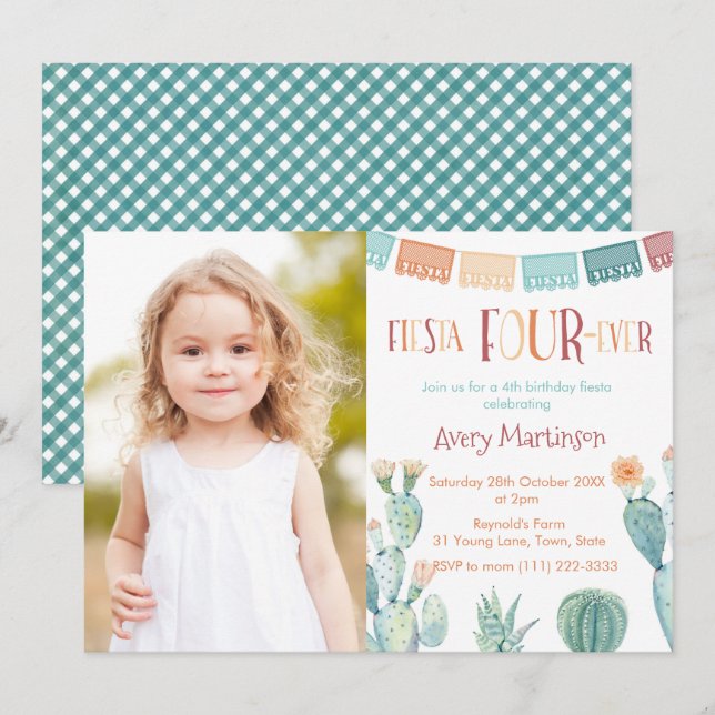 Fiesta FOUR-ever Mexican 4th Birthday Party Photo Invitation (Front/Back)