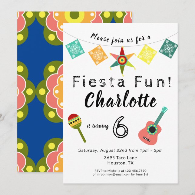 Fiesta Fun Colourful Kids Birthday Party Invitation (Front/Back)