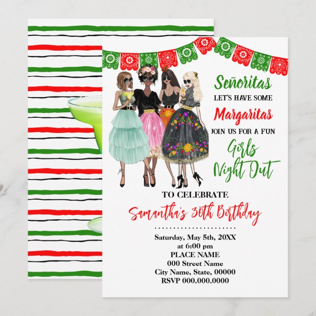 Fiesta Girls Night Out Birthday Invitation (Front/Back)