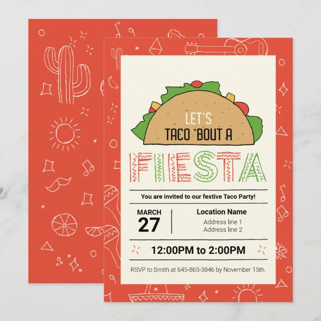 Fiesta ! Invitations du parti Taco modifiables (Devant / Derrière)