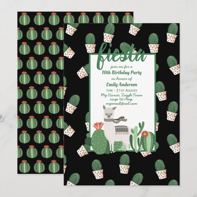 Fiesta Llama Birthday Invitation Fun Cute Cactus (Front/Back)