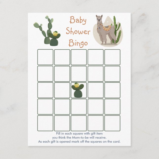 Fiesta Llama Cactus Baby Bingo Game Enclosure Card (Front)