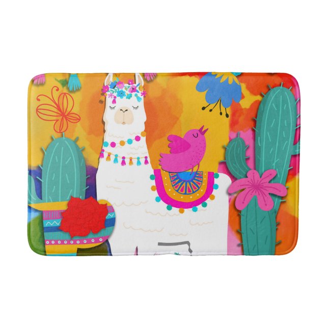 Fiesta Llama Cinco De Mayo Colourful Fun Watercolo Bath Mat (Front)