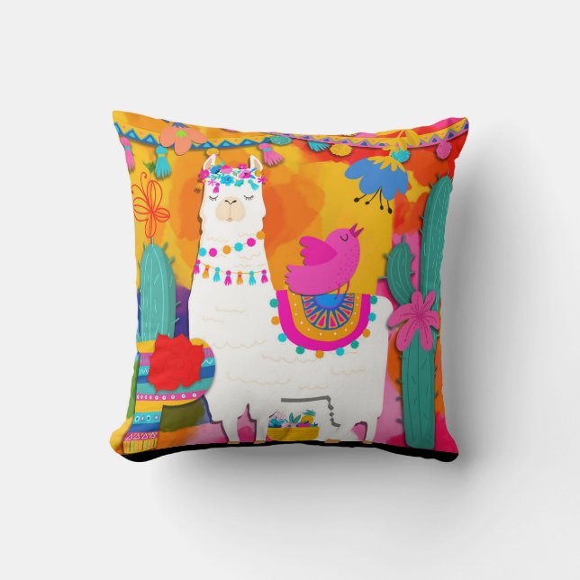 Fiesta Llama Cinco De Mayo Colourful Fun Watercolo Throw Pillow (Front)