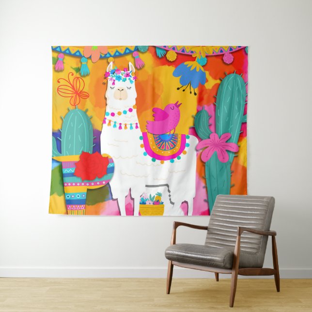 Fiesta Llama Colourful Birthday Party Backdrop Tapestry (In Situ (Horizontal))