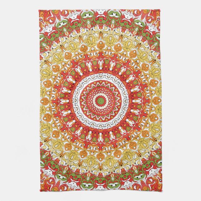 Fiesta Mandala Pattern in Red, Yellow, and Green Kitchen Towel (Vertical)