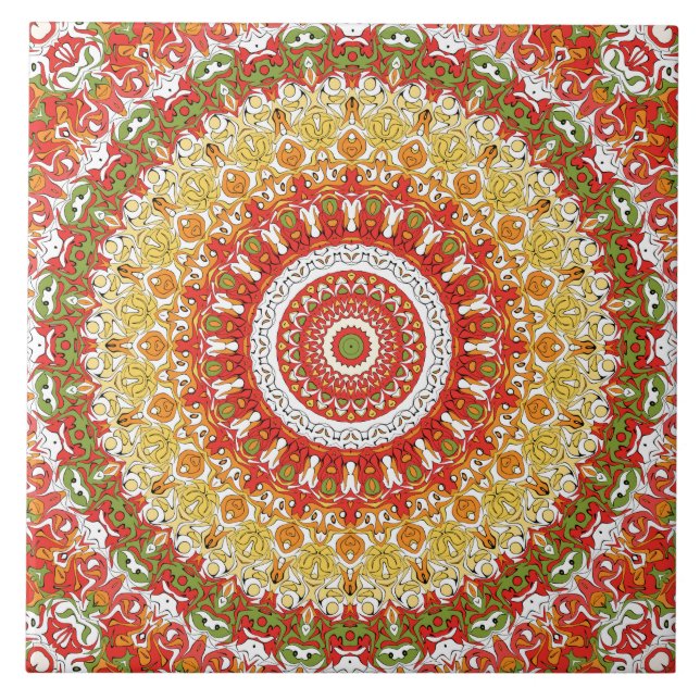 Fiesta Mandala Pattern in Red, Yellow, and Green Tile (Front)