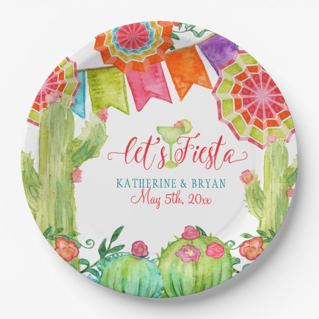 Fiesta Margarita Cactus Bridal Shower Paper Fan Paper Plate (Front)
