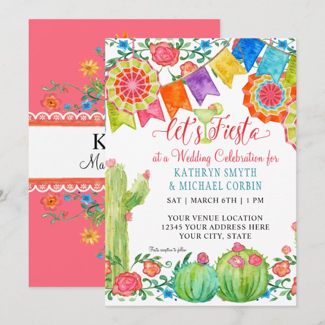 Fiesta Margarita Colourful Floral Cactus Wedding Invitation (Front/Back)
