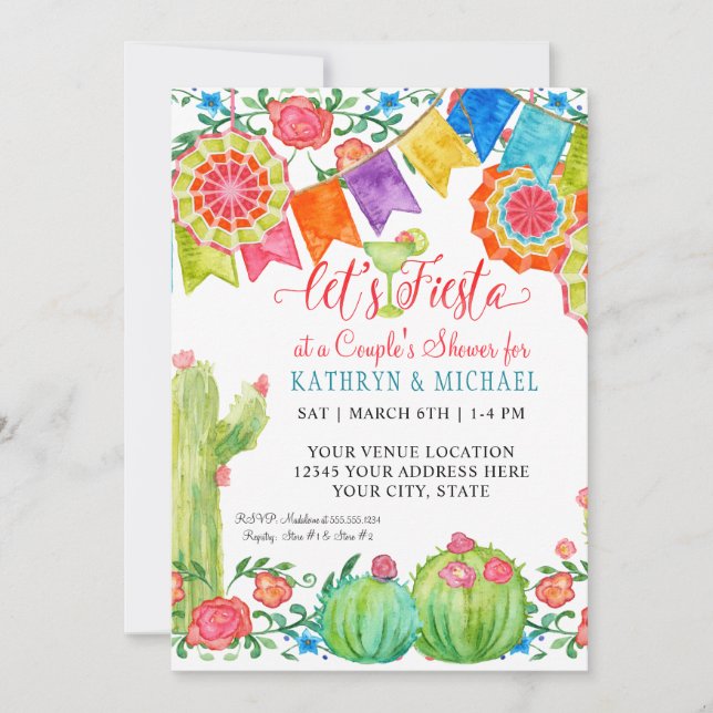 Fiesta Margarita Floral Cactus Art Couples Shower Invitation (Front)