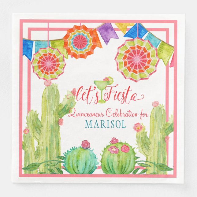 Fiesta Margarita Quinceanera 15th Birthday Cactus Napkin (Front)