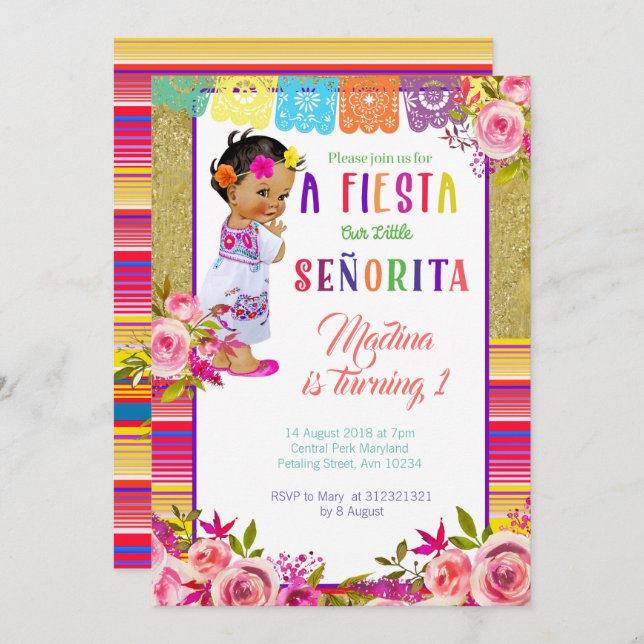 Fiesta Mexican 1st birthday invitations (Front/Back)