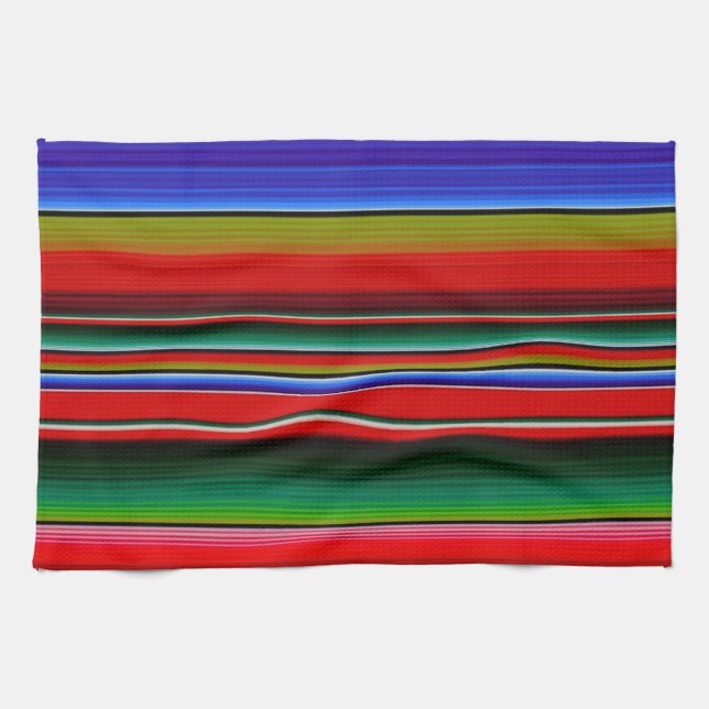 Fiesta Mexican Blanket Serape Stripes Blue Kitchen Towel (Horizontal)