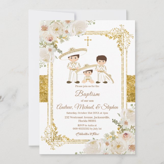 Fiesta Mexican Boys Gold Baptism & Birthday Invite (Front)