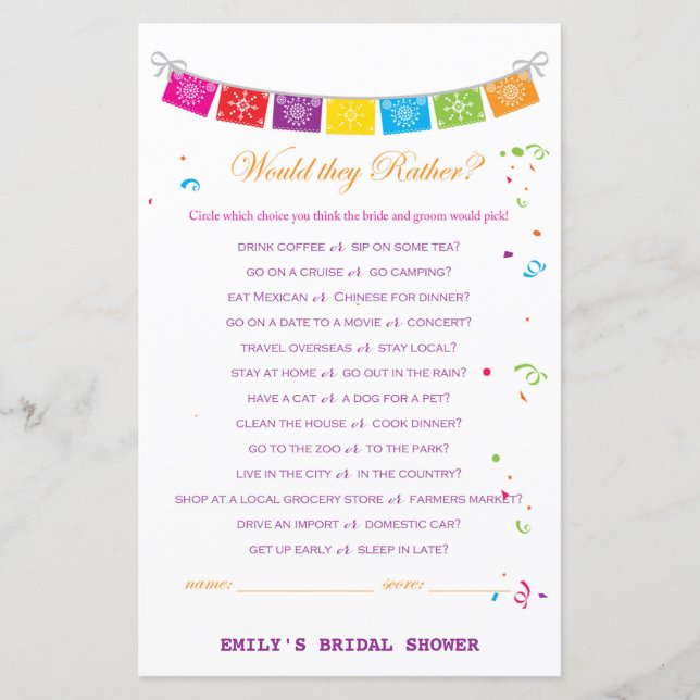 Fiesta Mexican Bridal Shower Game PRINTED (Front)