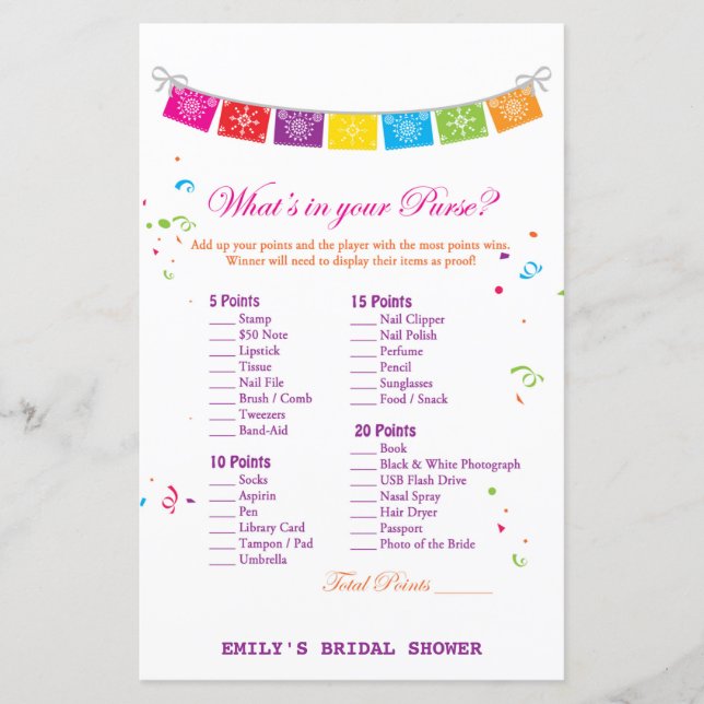 Fiesta Mexican Bridal Shower Game PRINTED (Front)