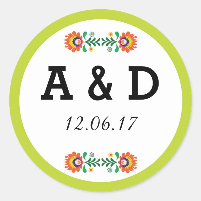 Fiesta Mexican Floral Round Stickers Lime Label (Front)