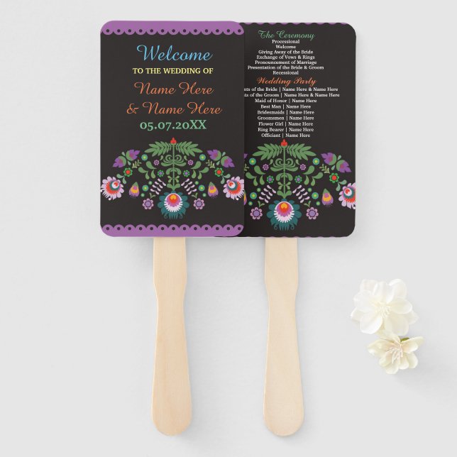 Fiesta Mexican Floral Wedding Programme Hand Fan (Front and Back)