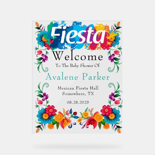 Fiesta Mexican Flowers Baby Shower Welcome Acrylic Sign (Front)