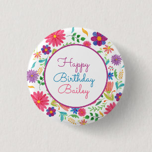 Fiesta Mexican Folk Watercolor Floral Birthday 1 Inch Round Button