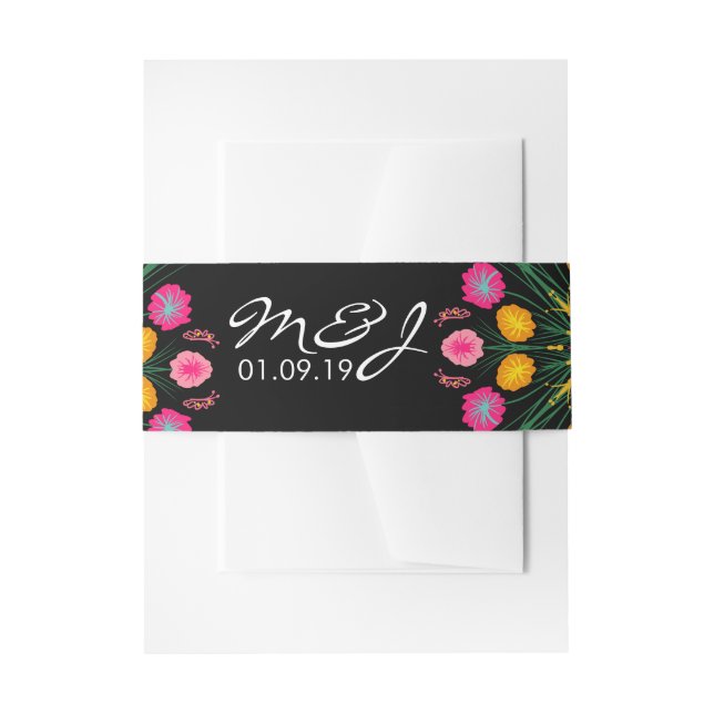 Fiesta Mexican Wedding Hand Drawn Floral Butterfly Invitation Belly Band (Front Example)