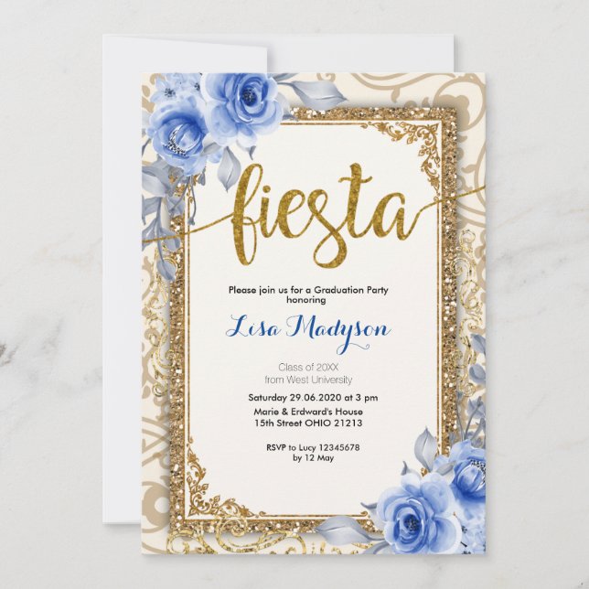 Fiesta Navy Blue Graduation Invitation Party  (Front)