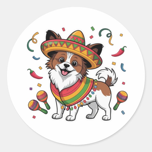 Fiesta Papillon Dog Wearing Sombrero and Sarape Classic Round Sticker (Front)