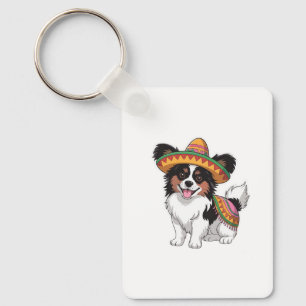 Fiesta Papillon Dog Wearing Sombrero and Sarape Keychain