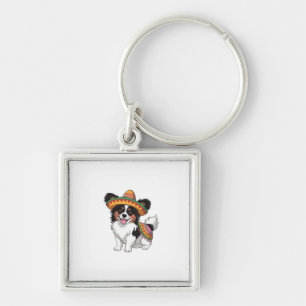 Fiesta Papillon Dog Wearing Sombrero and Sarape Keychain