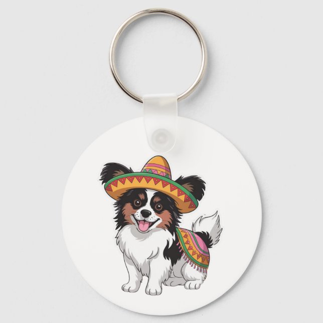Fiesta Papillon Dog Wearing Sombrero and Sarape Keychain (Front)