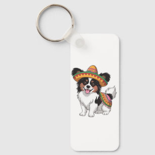 Fiesta Papillon Dog Wearing Sombrero and Sarape Keychain