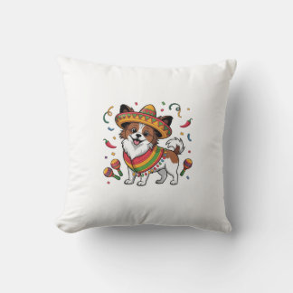 Fiesta Papillon Dog Wearing Sombrero and Sarape Throw Pillow