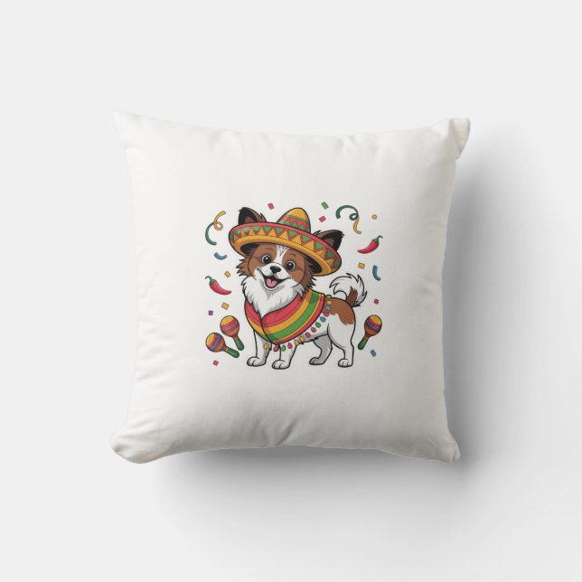 Fiesta Papillon Dog Wearing Sombrero and Sarape Throw Pillow (Front)