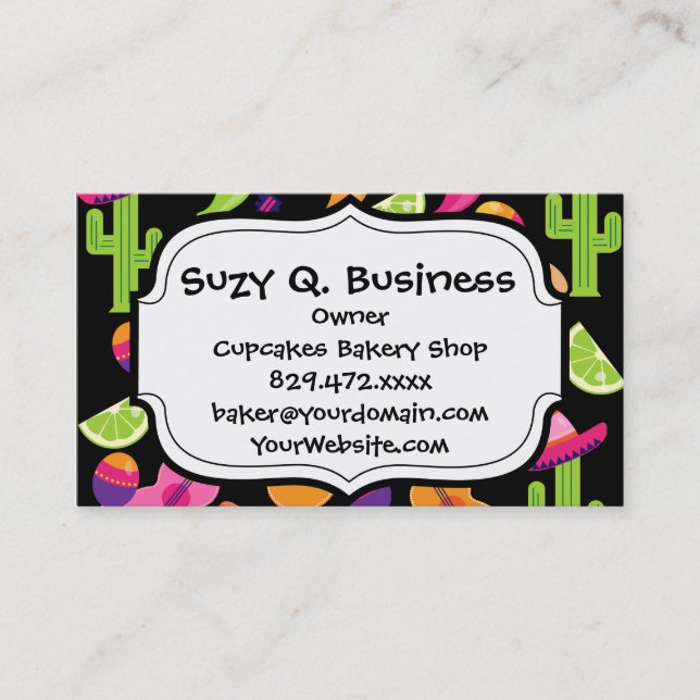 Fiesta Party Sombrero Cactus Limes Peppers Maracas Business Card (Front)