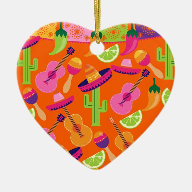 Fiesta Party Sombrero Cactus Limes Peppers Maracas Ceramic Ornament (Front)