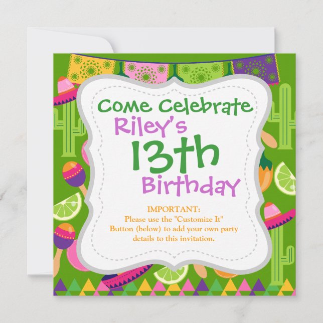 Fiesta Party Sombrero Cactus Limes Peppers Maracas Invitation (Front)