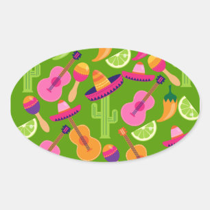 Fiesta Party Sombrero Cactus Limes Peppers Maracas Oval Sticker