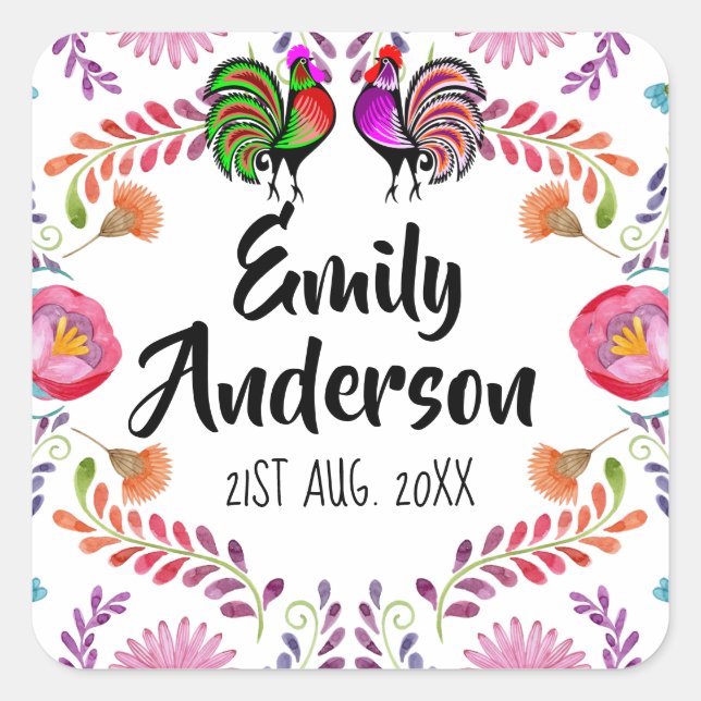 FIESTA Partyware Personalized Folk Art Flowers Square Sticker (Front)