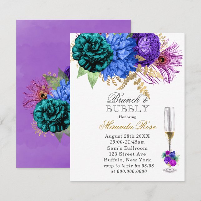 Fiesta Peacock Peony Brunch & Bubbly Invitations (Devant / Derrière)