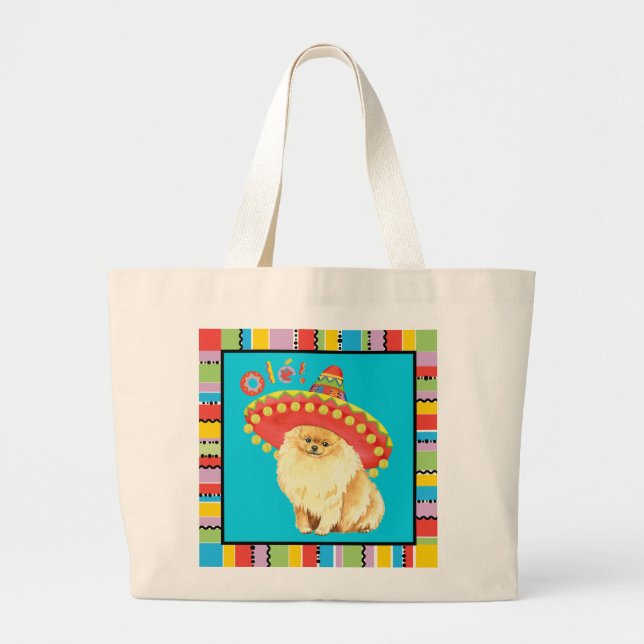 Fiesta Pomeranian Large Tote Bag (Front)
