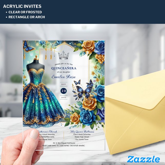 Fiesta Quinceanera Floral Butterflies Blue Gold Acrylic Invitations (Creator Uploaded)