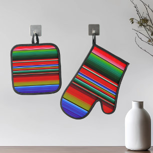 Fiesta Serape Mexican Stripe Pattern Blanket  Oven Mitt & Pot Holder Set