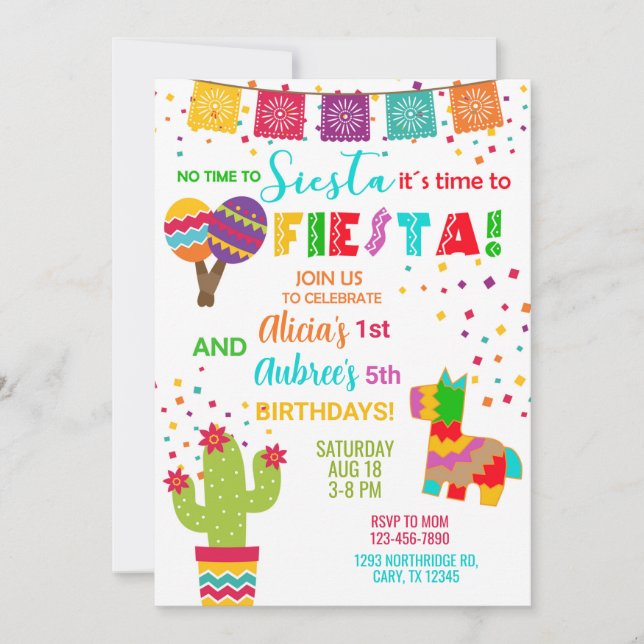 Fiesta siblings girls birthday invitation invite. (Front)